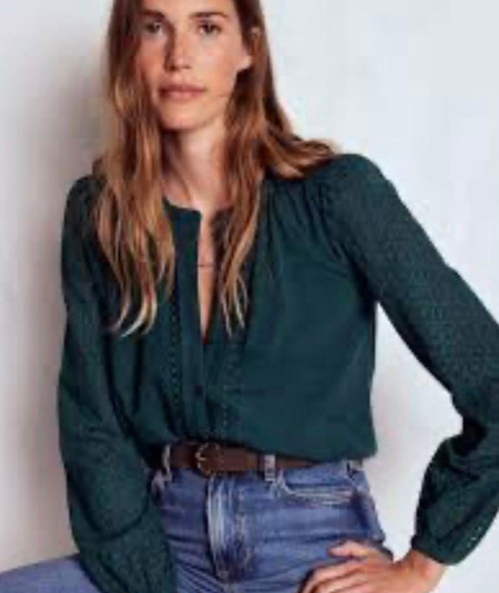 Boden Eden Jersey Trim Shirt Blue Green Eyelet Long Sleeve Button Front Top US 0